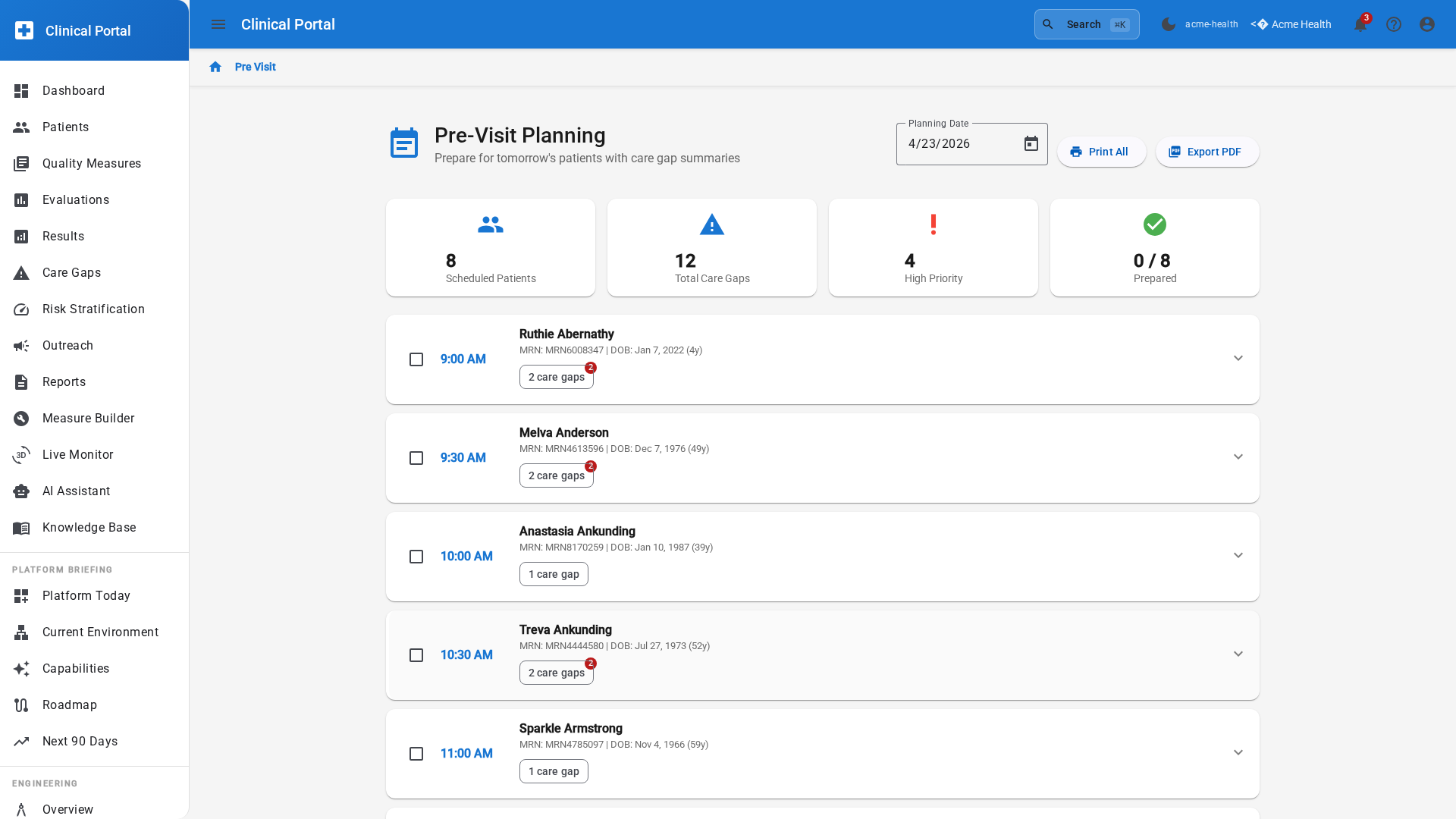 Data Motion Platform provider dashboard showing real-time quality signals and patient actions